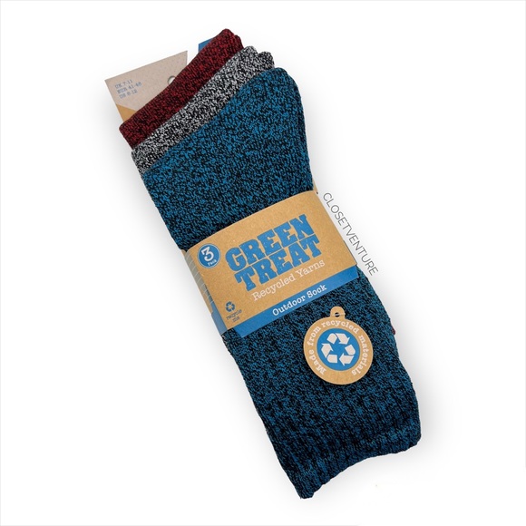 Green Treat Other - Green Treat Recycled Yarns Blue Grey Red 3 Pairs Outdoor Socks Men’s 8-12